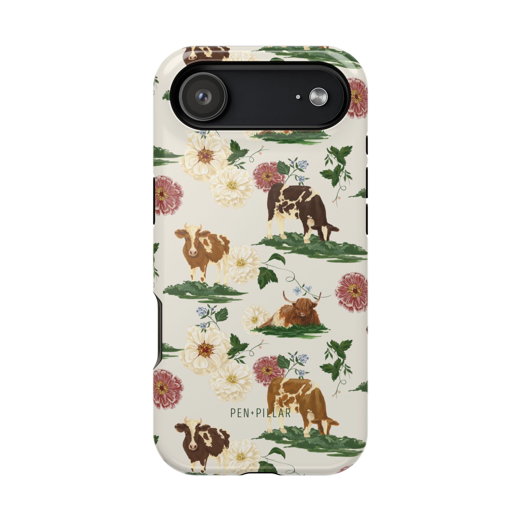 Pasture iPhone case featuring a floral design with cows and flowers in soft colors on a light background.
