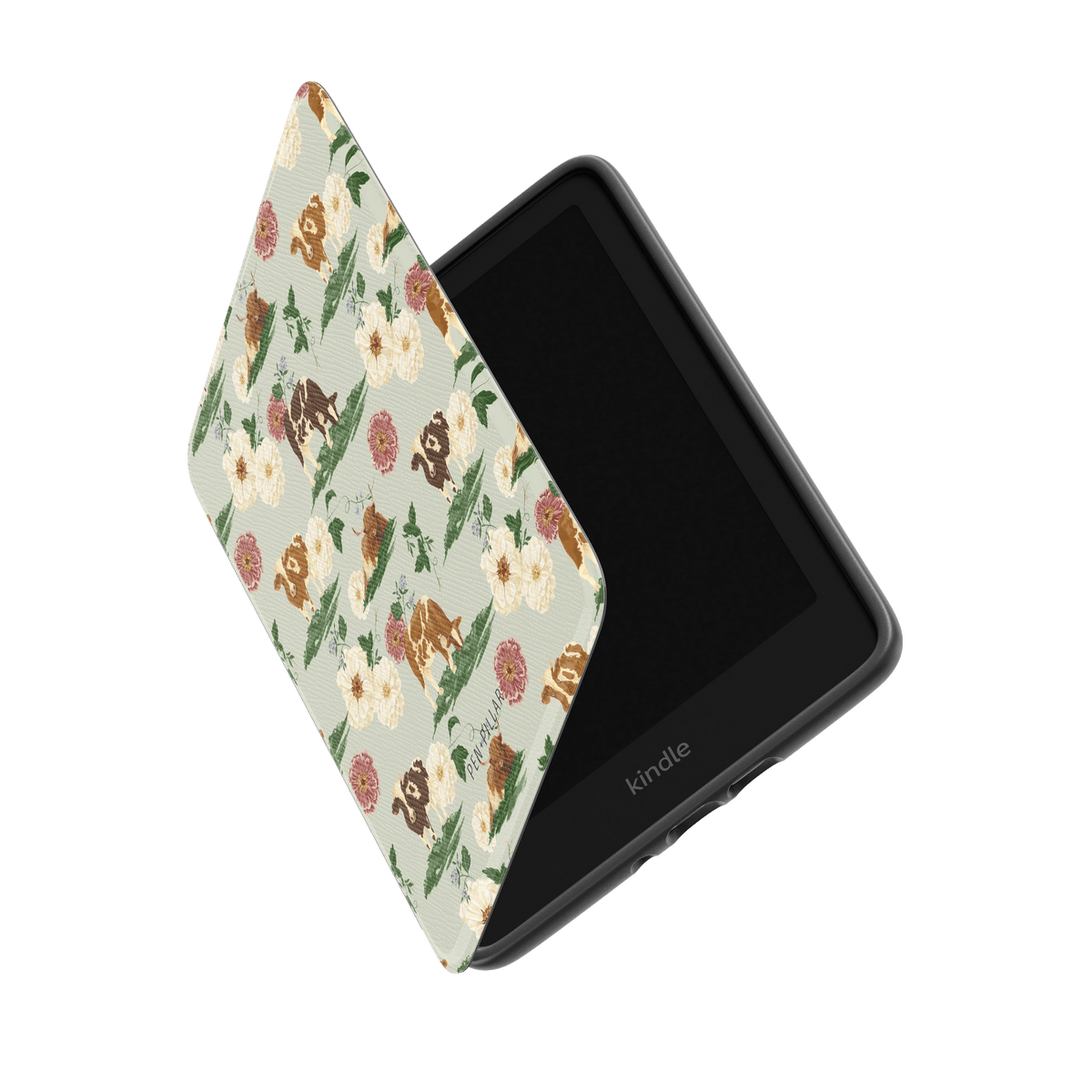 Black Kindle in a light green case featuring a floral and cow pattern, with the word kindle printed on the bottom bezel.
