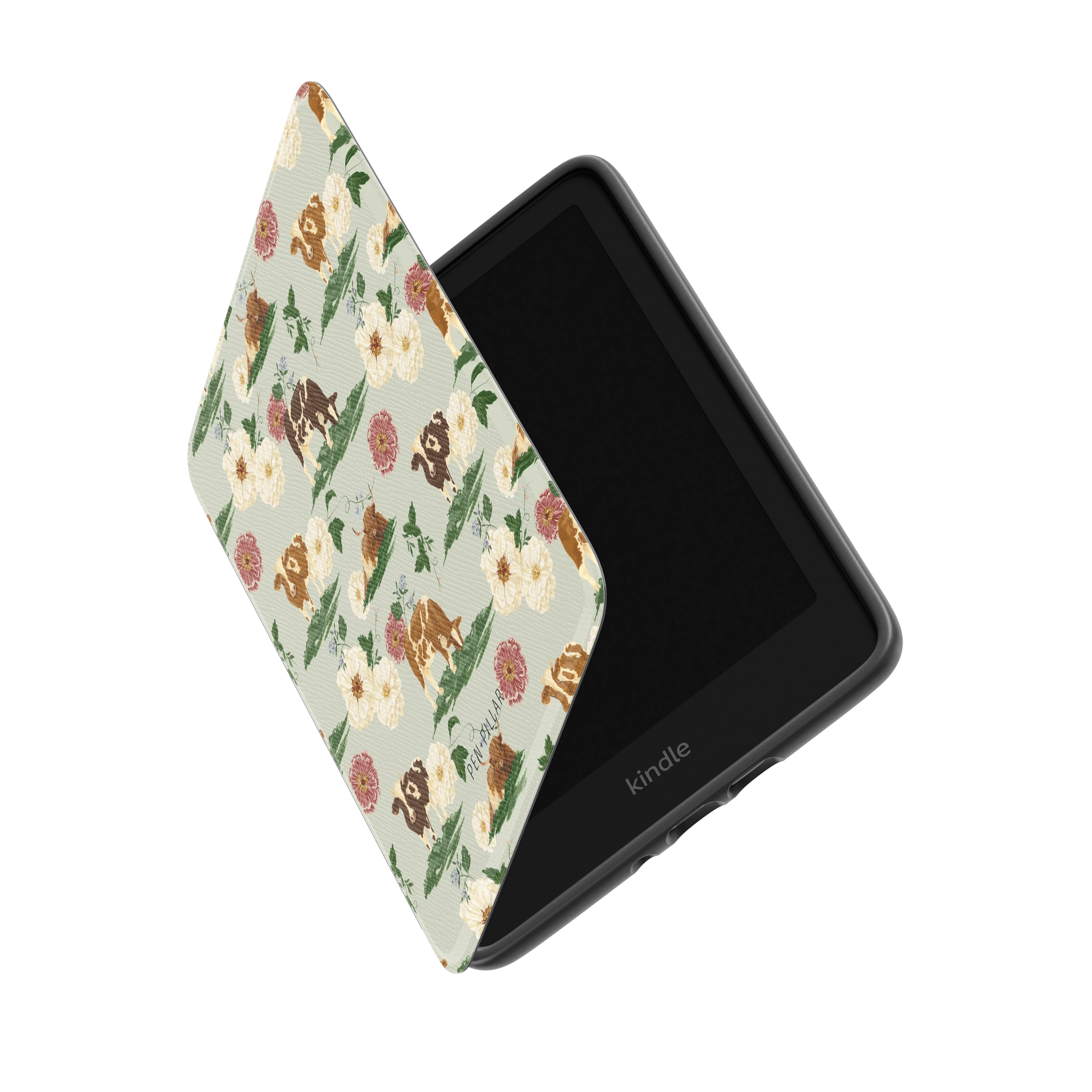 Black Kindle in a light green case featuring a floral and cow pattern, with the word kindle printed on the bottom bezel.