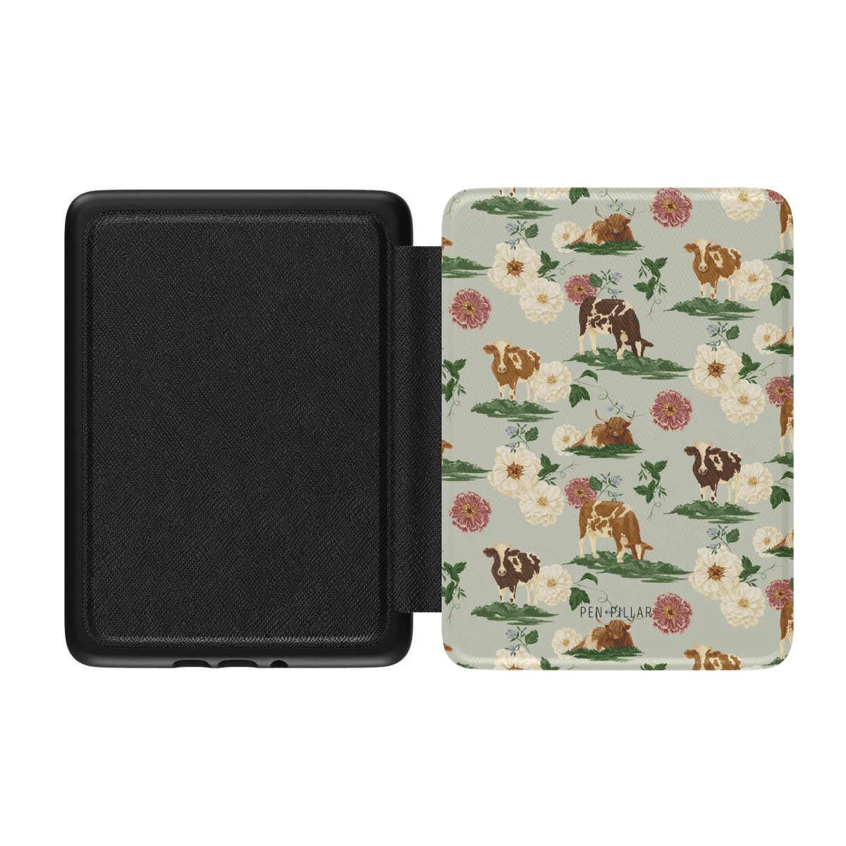 Open black Kindle case with a floral and cow pattern cover featuring PEN + PILLAR text.