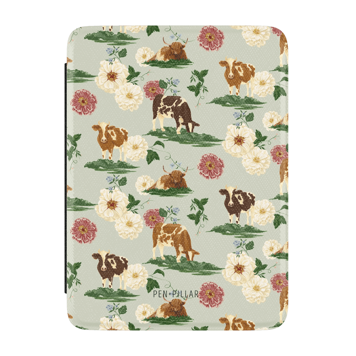 Rectangular light green Kindle case with a pattern of cows, flowers, and grass. PEN+PILLAR is printed at the bottom.