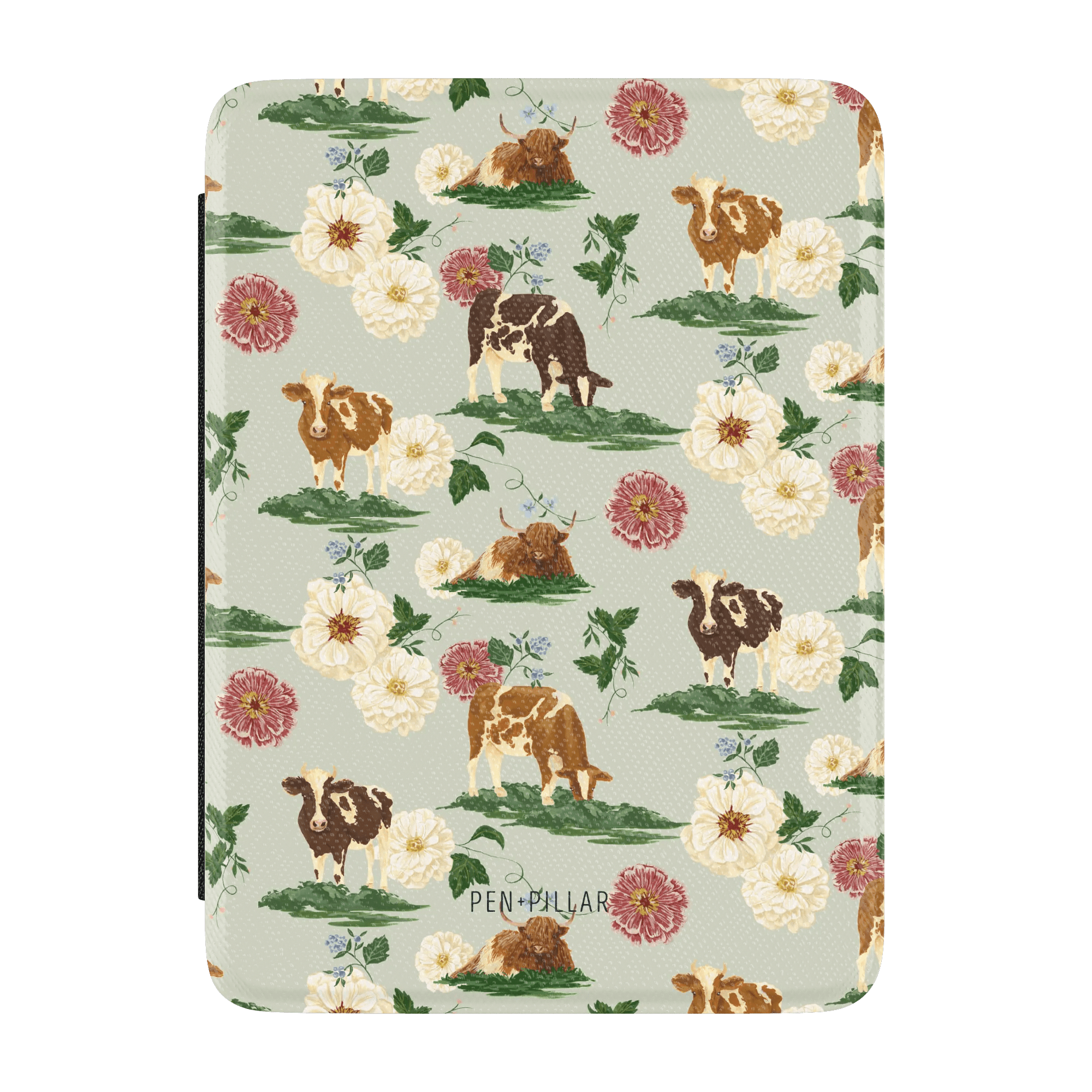 Rectangular light green Kindle case with a pattern of cows, flowers, and grass. PEN+PILLAR is printed at the bottom.