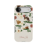 Pasture personalized iPhone case with floral design, featuring cows and the name "Terena Joy" in decorative lettering.