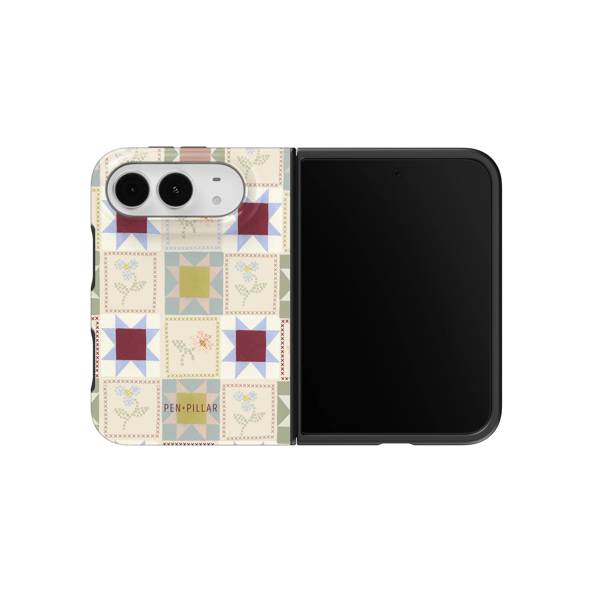 Patchwork iPhone 18 Duo case on an unfolded iPhone 18 Duo, back and screen side by side: cream quilt blocks with wine, mustard and blush stars and small stitched florals