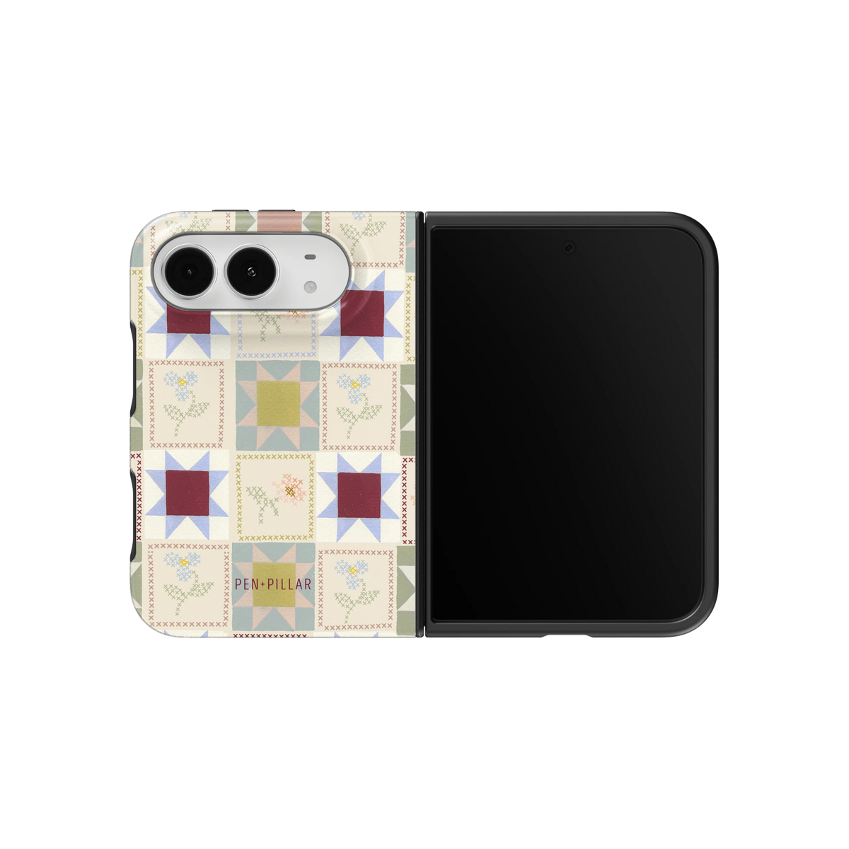 Patchwork iPhone 18 Duo case on an unfolded iPhone 18 Duo, back and screen side by side: cream quilt blocks with wine, mustard and blush stars and small stitched florals