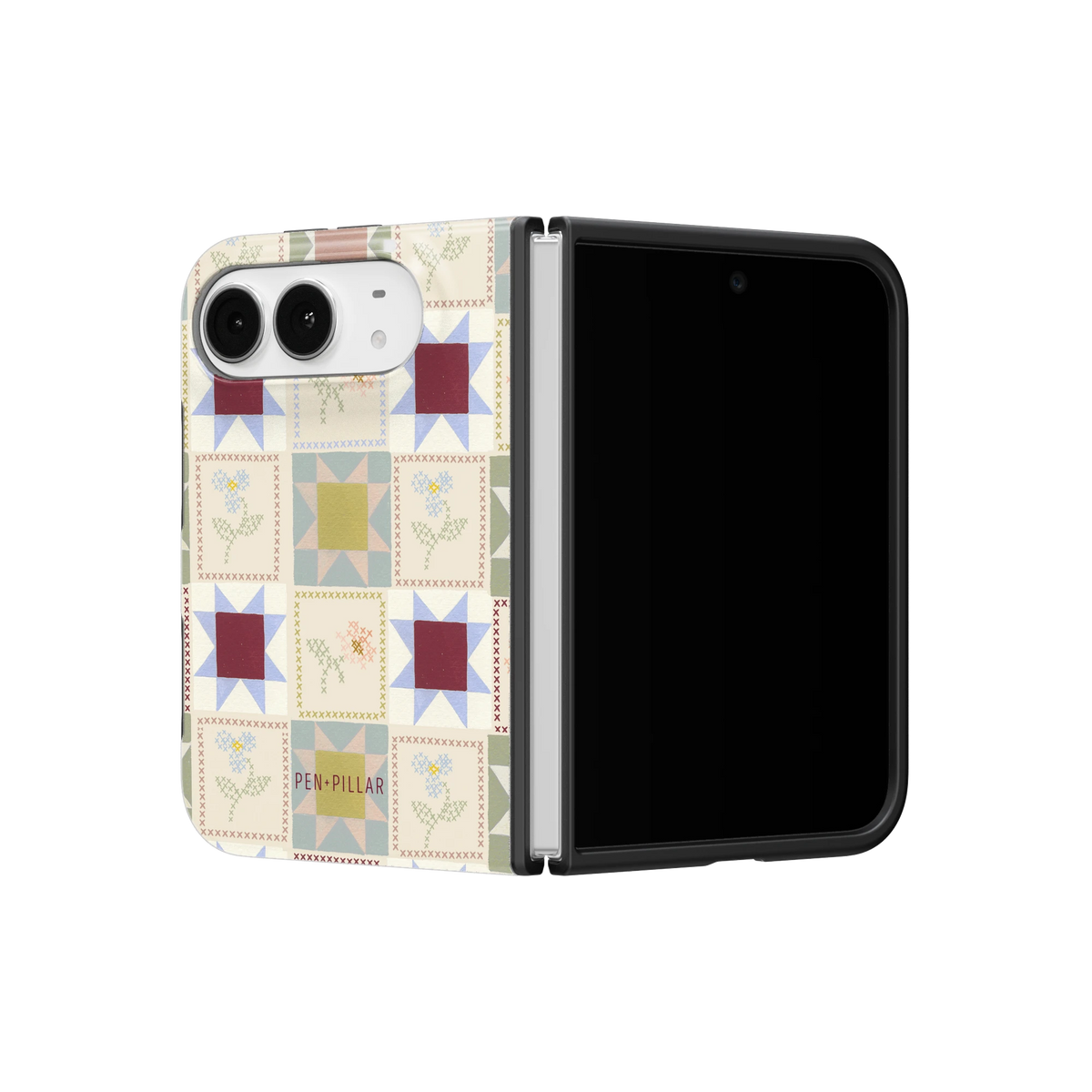 Patchwork iPhone 18 Duo case on a half-open iPhone 18 Duo, angled view