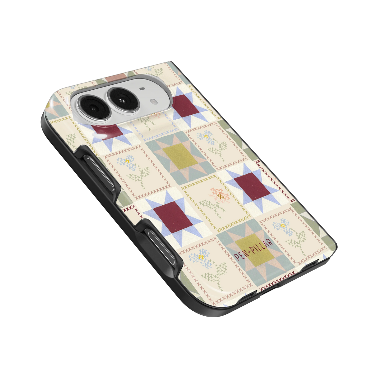 Patchwork iPhone 18 Duo case, angled view showing the camera surround and side buttons
