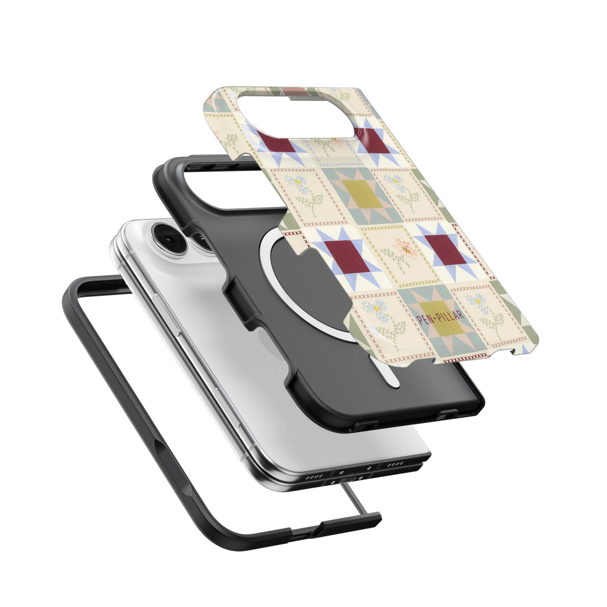Patchwork iPhone 18 Duo case, exploded view of the printed shell, black inner layer with MagSafe ring, and phone