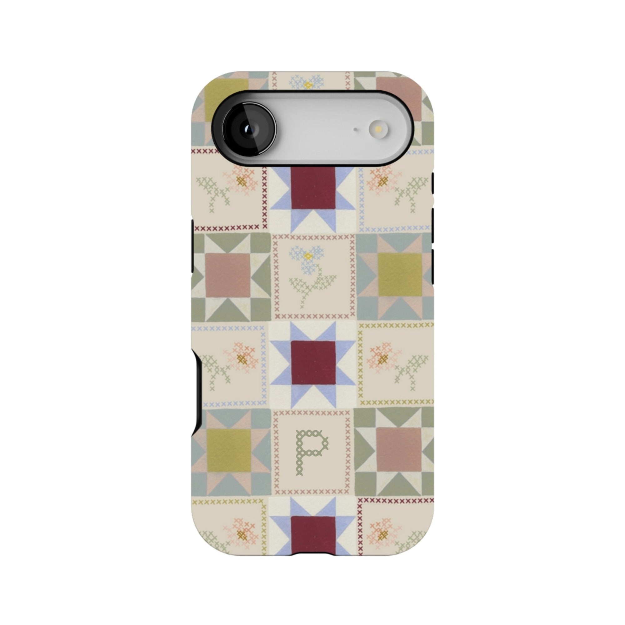 Patchwork personalized iPhone case featuring a colorful quilt design with various geometric patterns and a monogrammed let...