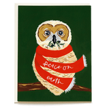 Holiday card featuring an owl wearing a red scarf, holding a sprig of greenery, with "peace on earth" text.