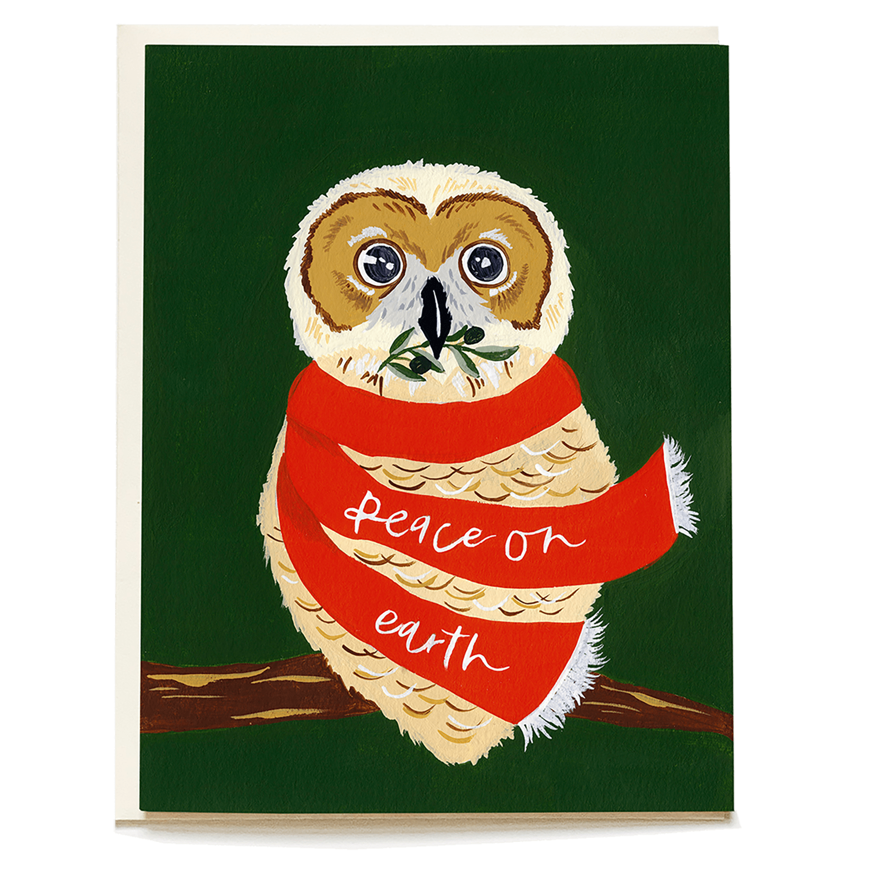 Holiday card featuring an owl wearing a red scarf, holding a sprig of greenery, with "peace on earth" text.