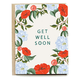 Get well card featuring floral designs with red and blue flowers and the text "Get well soon" in green.