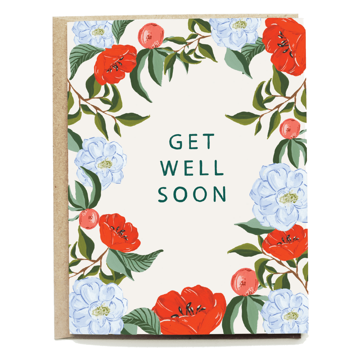Get well card featuring floral designs with red and blue flowers and the text "Get well soon" in green.