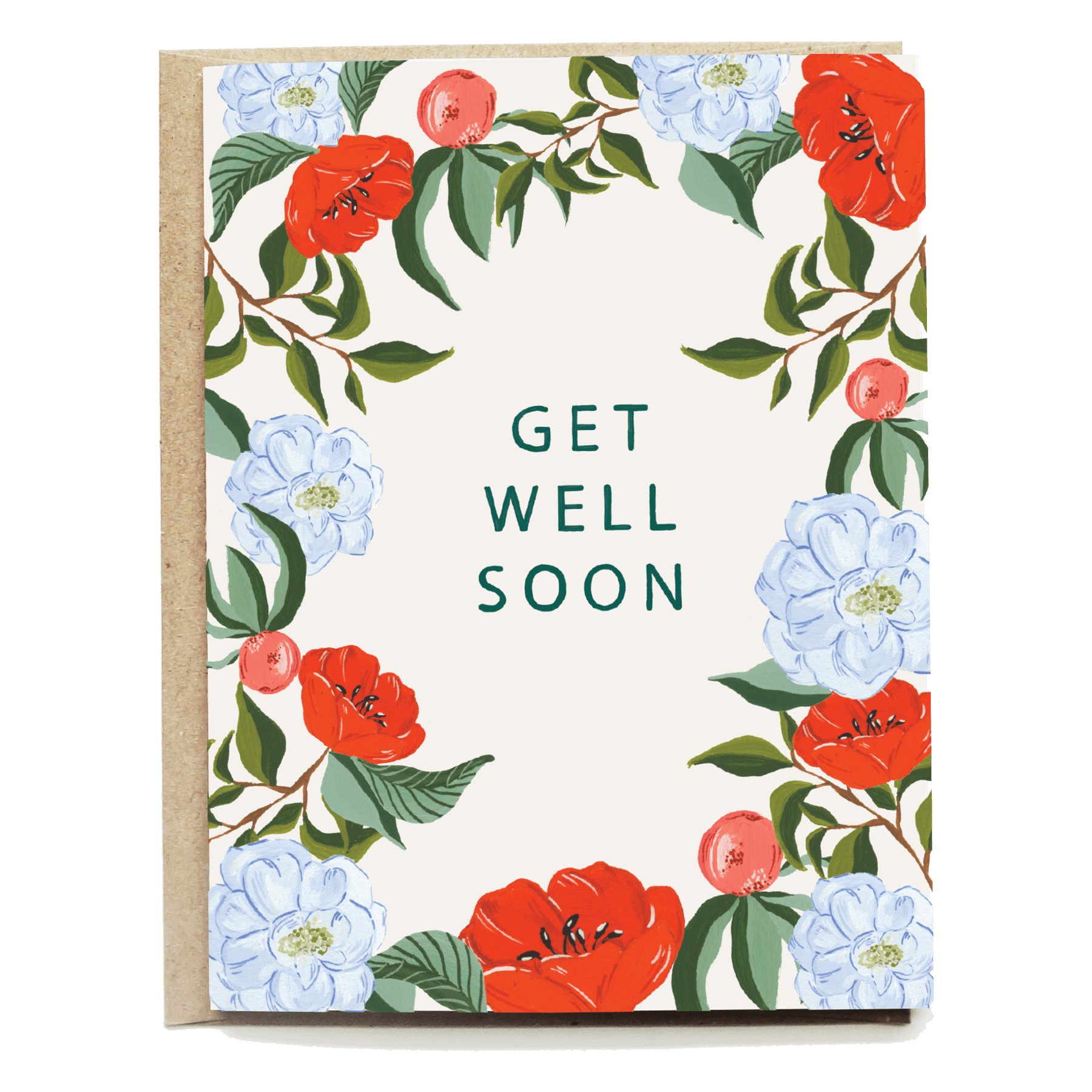 Get well card featuring floral designs with red and blue flowers and the text "Get well soon" in green.