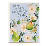 Pear orchard Mother's Day card featuring green pears and pink flowers on a light blue background with handwritten text.