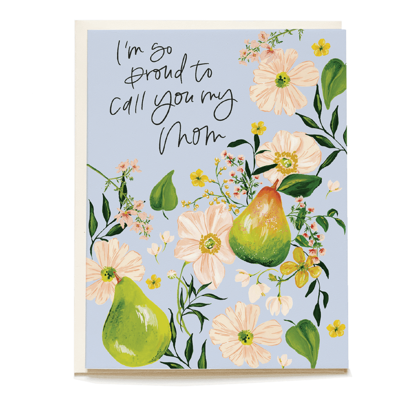 Pear orchard Mother's Day card featuring green pears and pink flowers on a light blue background with handwritten text.