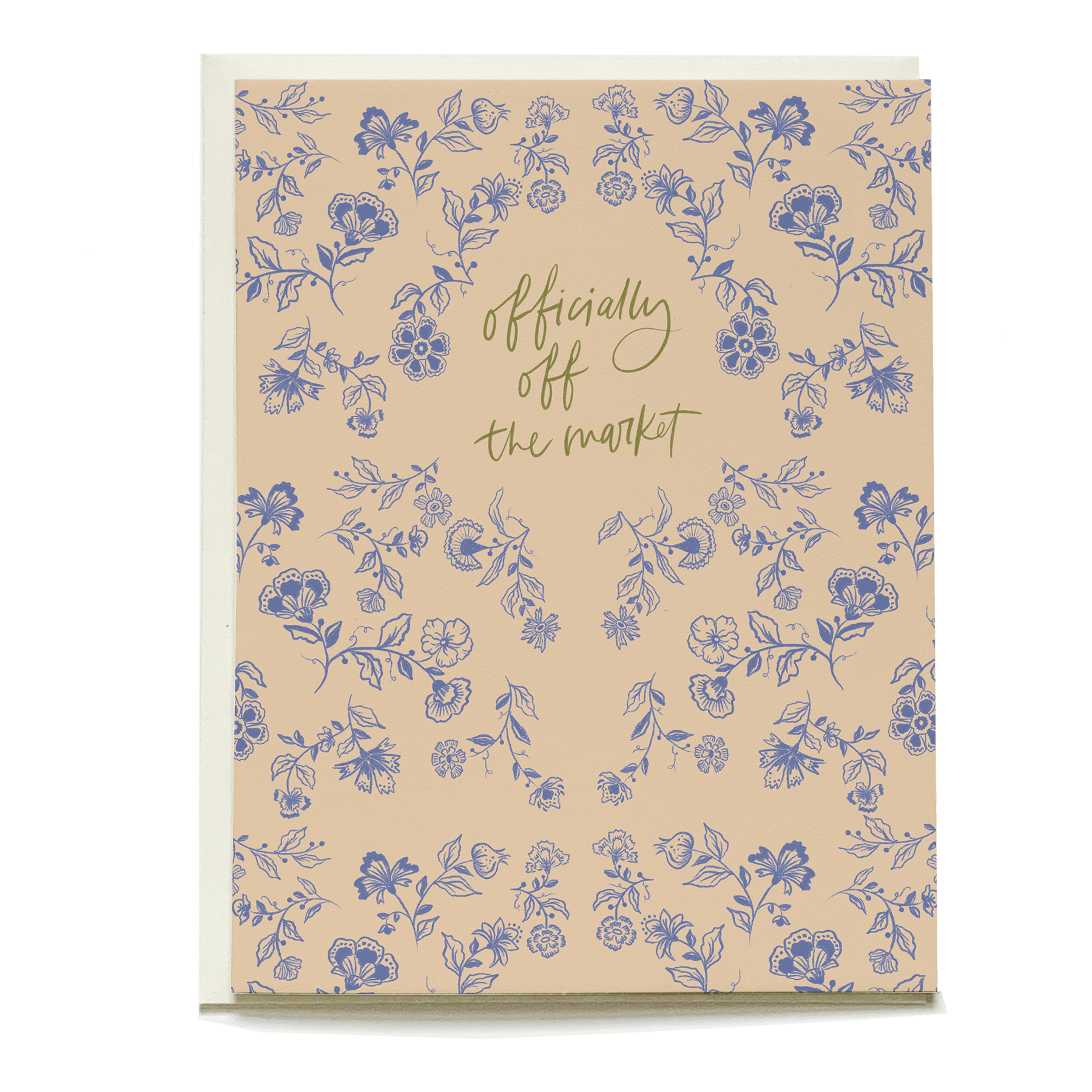 Penelope wedding card featuring floral patterns in blue on a beige background with the text "officially off the market.