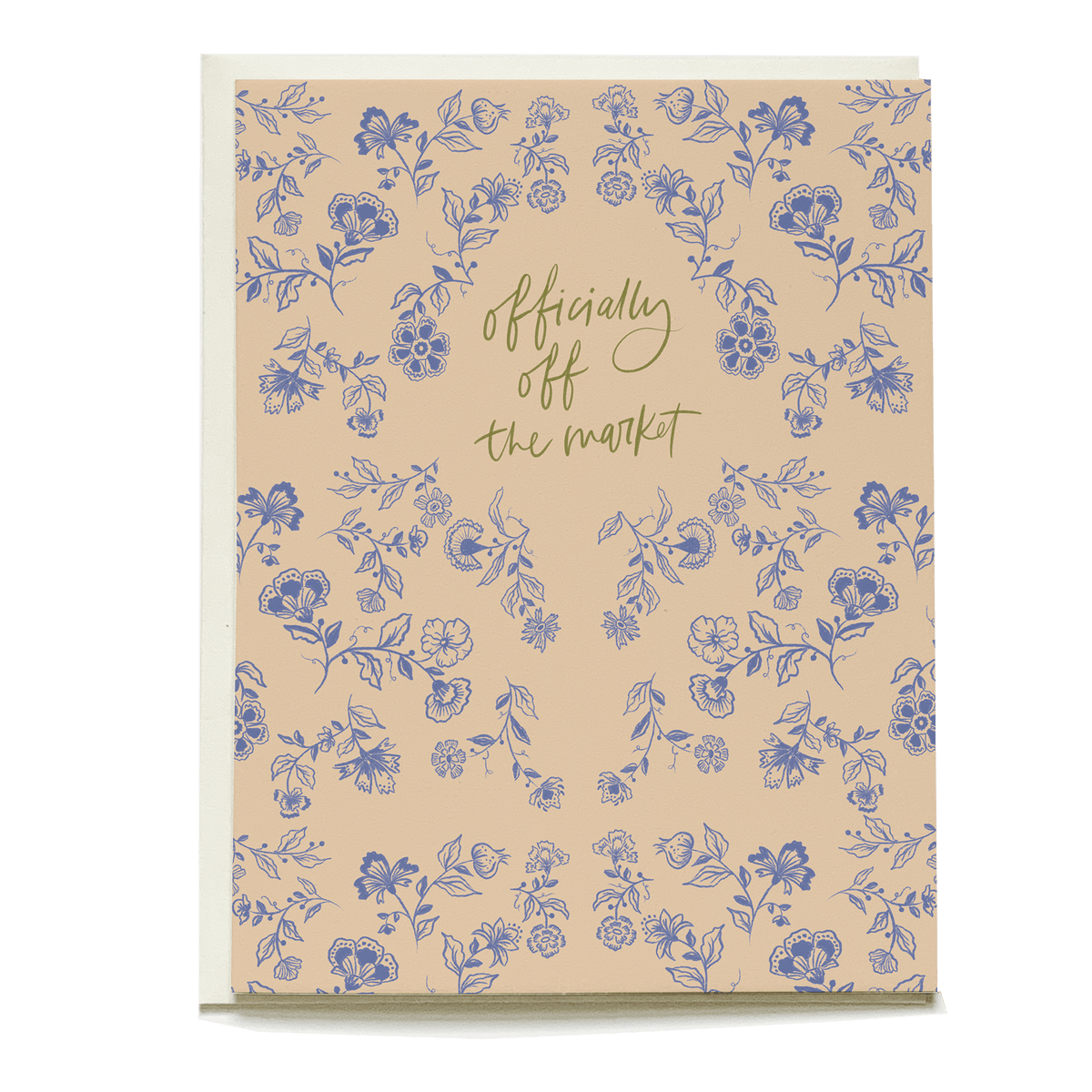 Penelope wedding card featuring floral patterns in blue on a beige background with the text "officially off the market.