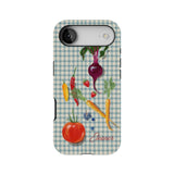 Personalized phone case featuring colorful vegetables on a blue checkered background with the name "Eleanor" at the bottom.