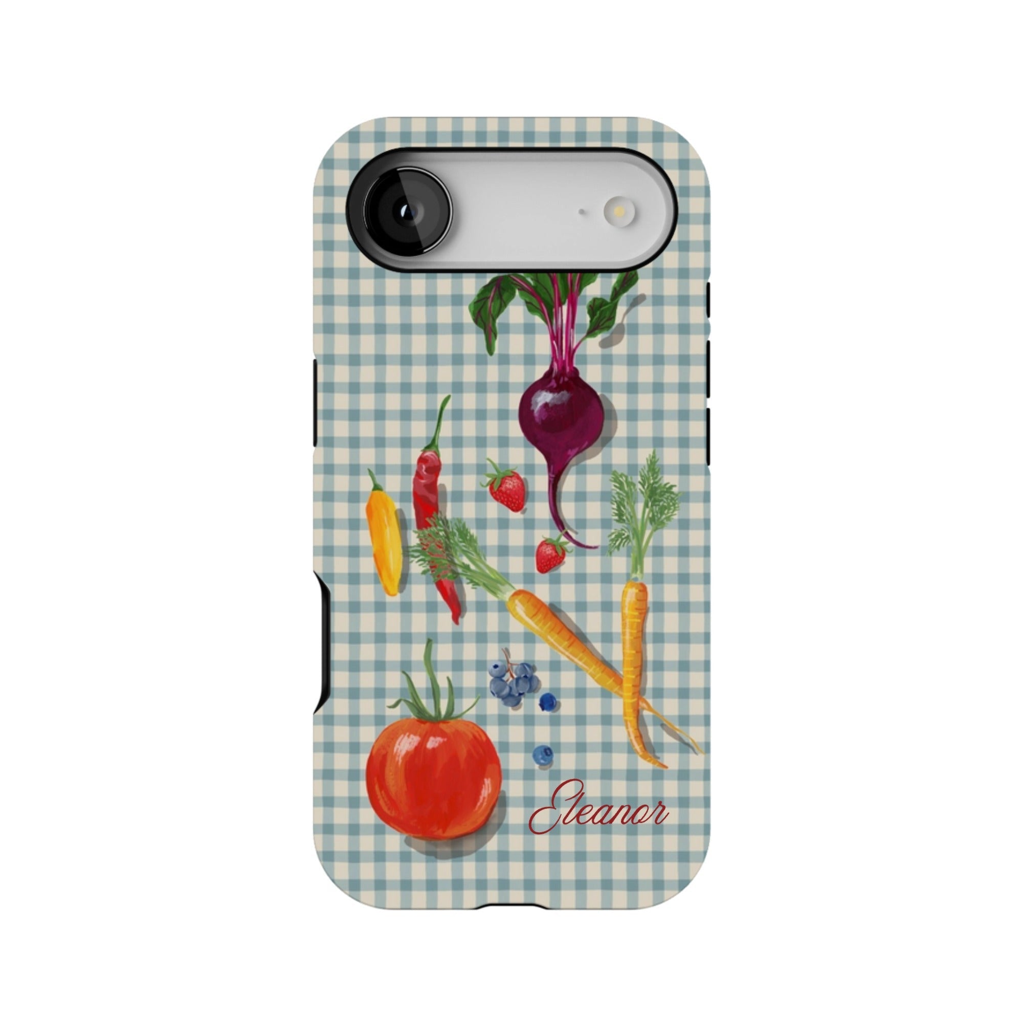 Personalized phone case featuring colorful vegetables on a blue checkered background with the name "Eleanor" at the bottom.