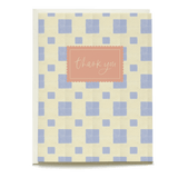 Thank you card featuring a pastel yellow background with blue squares and a pink label saying "thank you.
