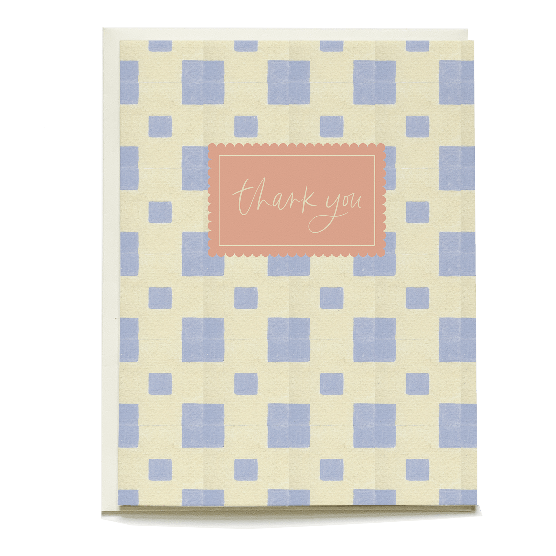 Thank you card featuring a pastel yellow background with blue squares and a pink label saying "thank you.