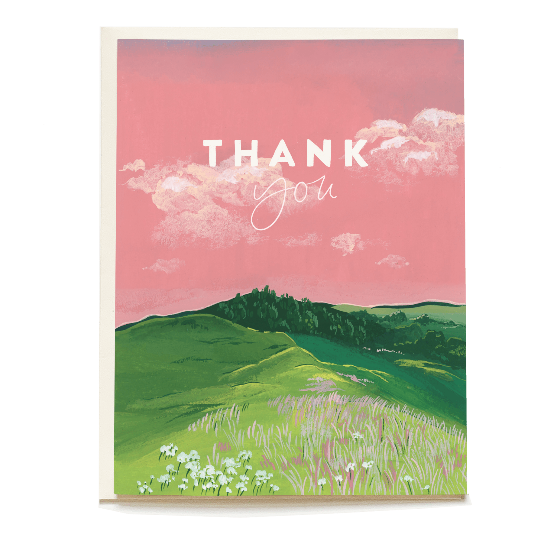 Thank you card featuring a pink sky, green hills, and white flowers in a grassy field.