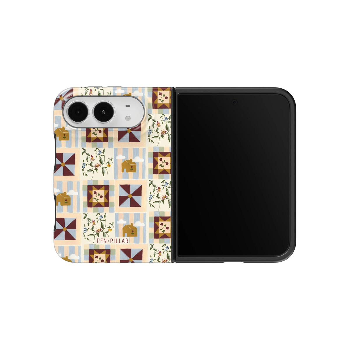 Pinwheel iPhone 18 Duo case on an unfolded iPhone 18 Duo, back and screen side by side: burgundy and cream pinwheel quilt blocks with small florals on blue stripes