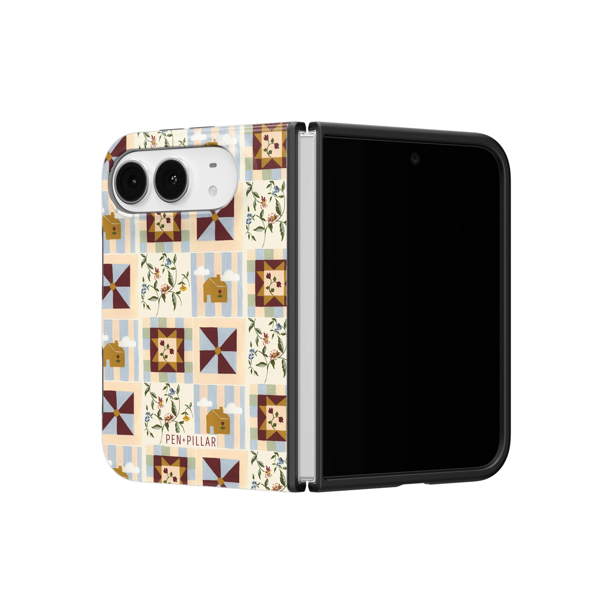 Pinwheel iPhone 18 Duo case on a half-open iPhone 18 Duo, angled view