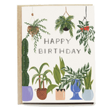 Plant lover birthday card featuring various potted plants and "Happy Birthday" text in a decorative font.