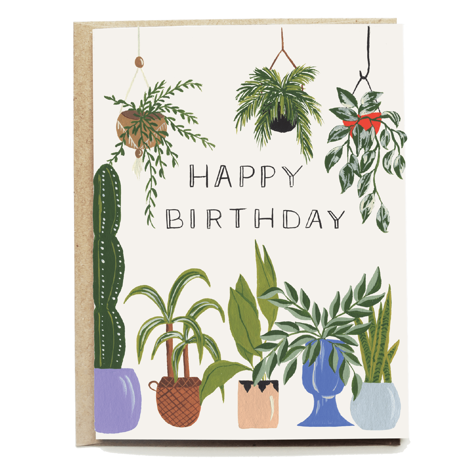 Plant lover birthday card featuring various potted plants and "Happy Birthday" text in a decorative font.