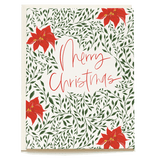 Poinsettia holiday card featuring red flowers and green leaves with "Merry Christmas" in cursive lettering.