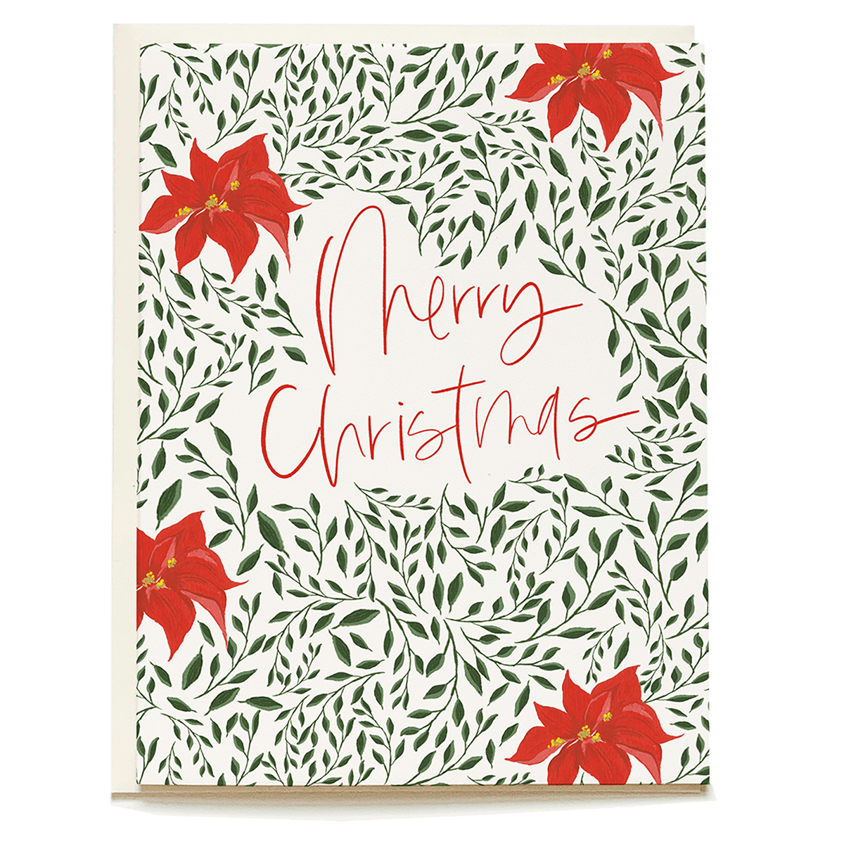 Poinsettia holiday card featuring red flowers and green leaves with "Merry Christmas" in cursive lettering.