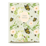 Pollinator birthday card featuring butterflies, flowers, and bees with a "Happy Birthday" message in the center.