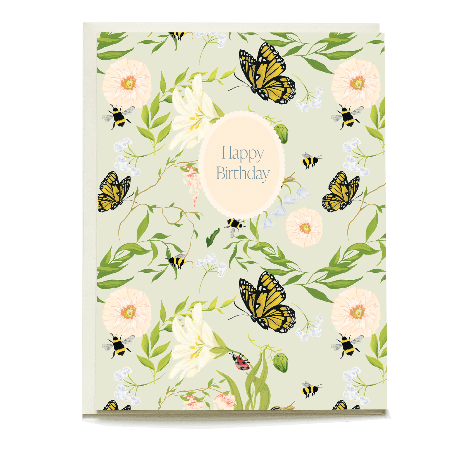 Pollinator birthday card featuring butterflies, flowers, and bees with a "Happy Birthday" message in the center.