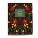 Pomegranate holiday card featuring red pomegranates and yellow flowers on a dark background with a greeting message.