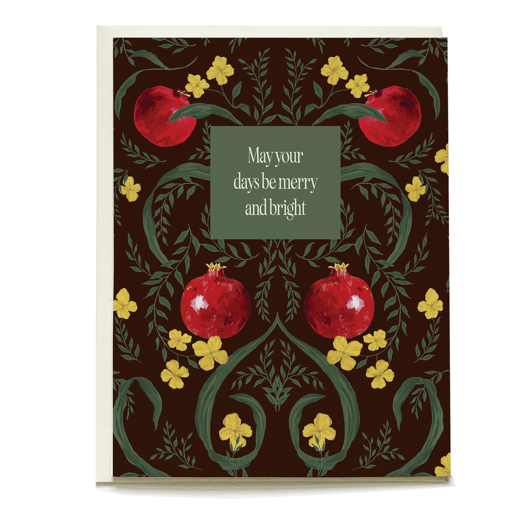 Pomegranate holiday card featuring red pomegranates and yellow flowers on a dark background with a greeting message.