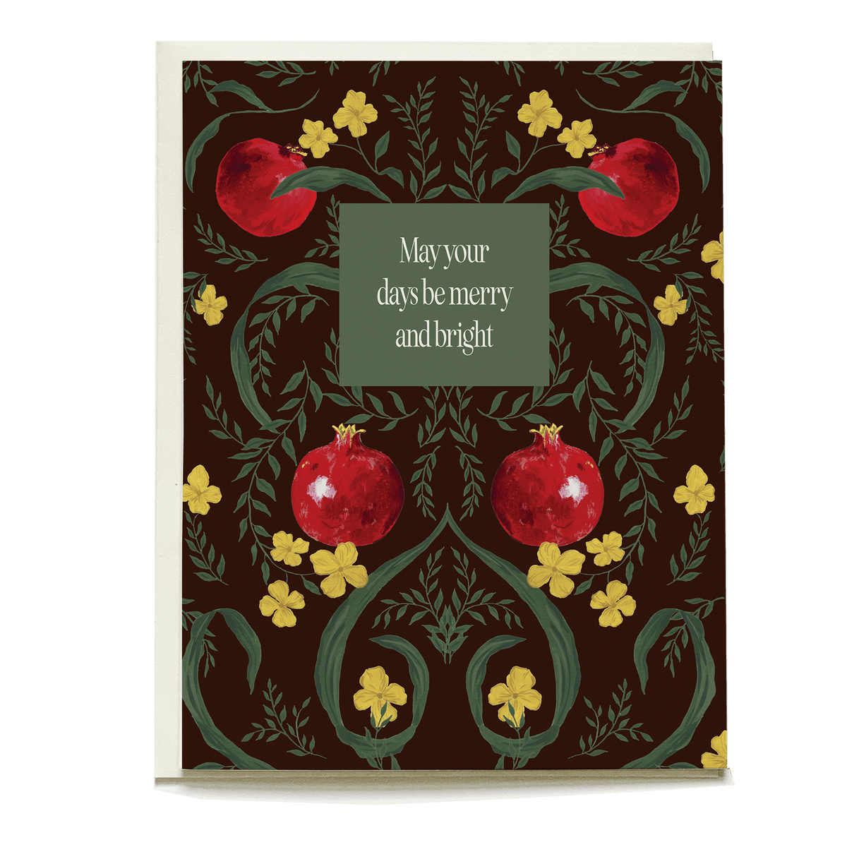 Pomegranate holiday card featuring red pomegranates and yellow flowers on a dark background with a greeting message.