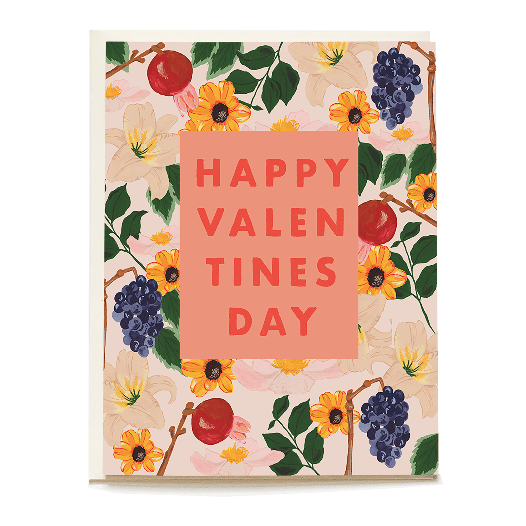 Pomegranate Valentine's Day card featuring floral designs and the text "Happy Valentine's Day" in bold orange.