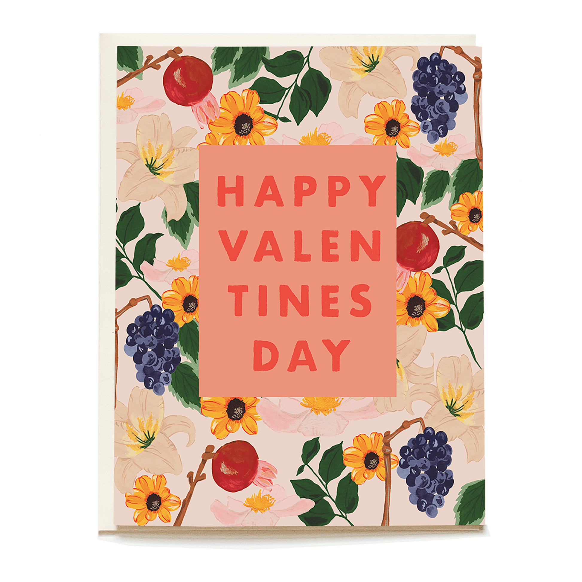 Pomegranate Valentine's Day card featuring floral designs and the text "Happy Valentine's Day" in bold orange.