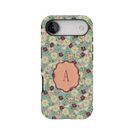 Posy personalized iPhone case featuring a floral design with a monogrammed letter "A" on a light blue background.