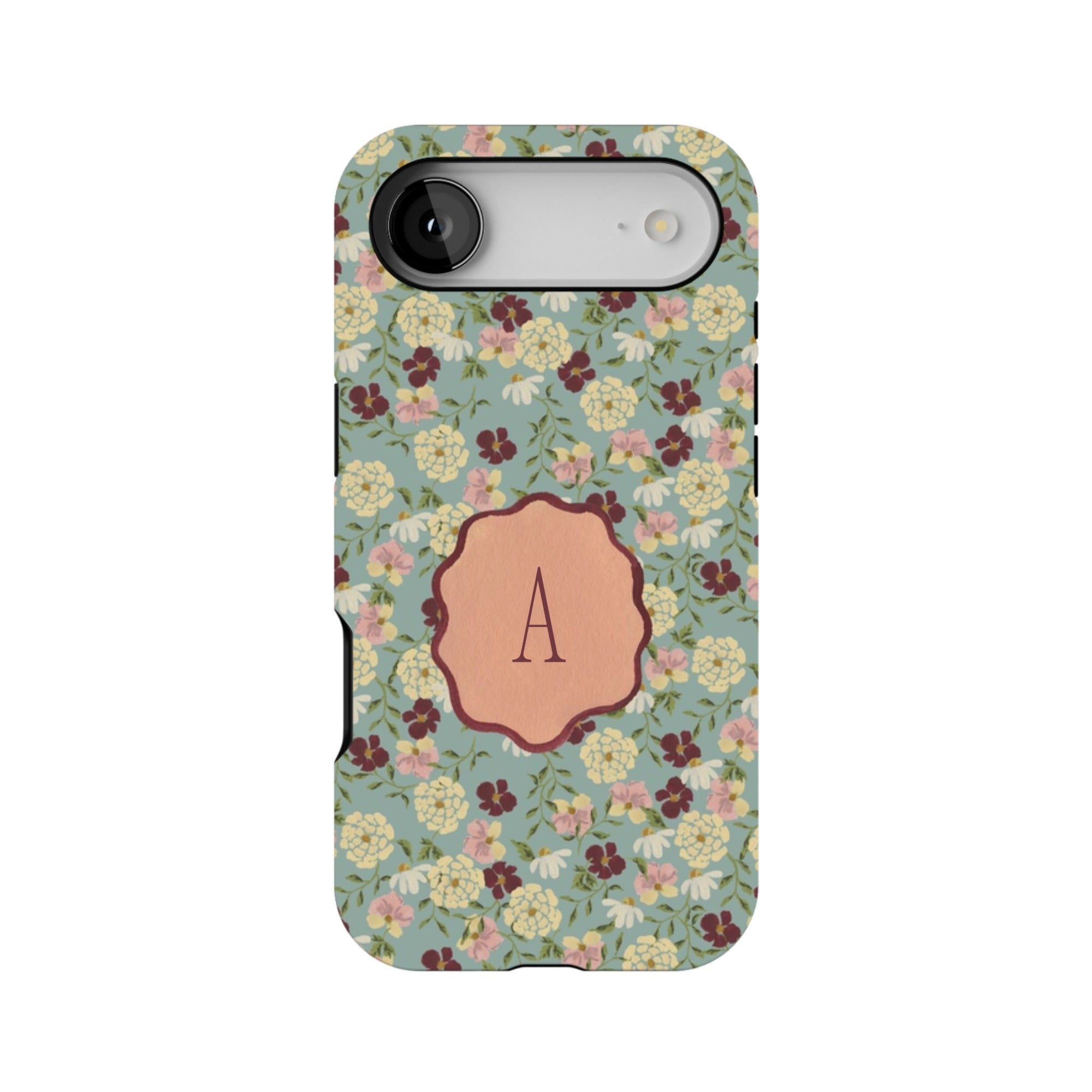 Posy personalized iPhone case featuring a floral design with a monogrammed letter "A" on a light blue background.