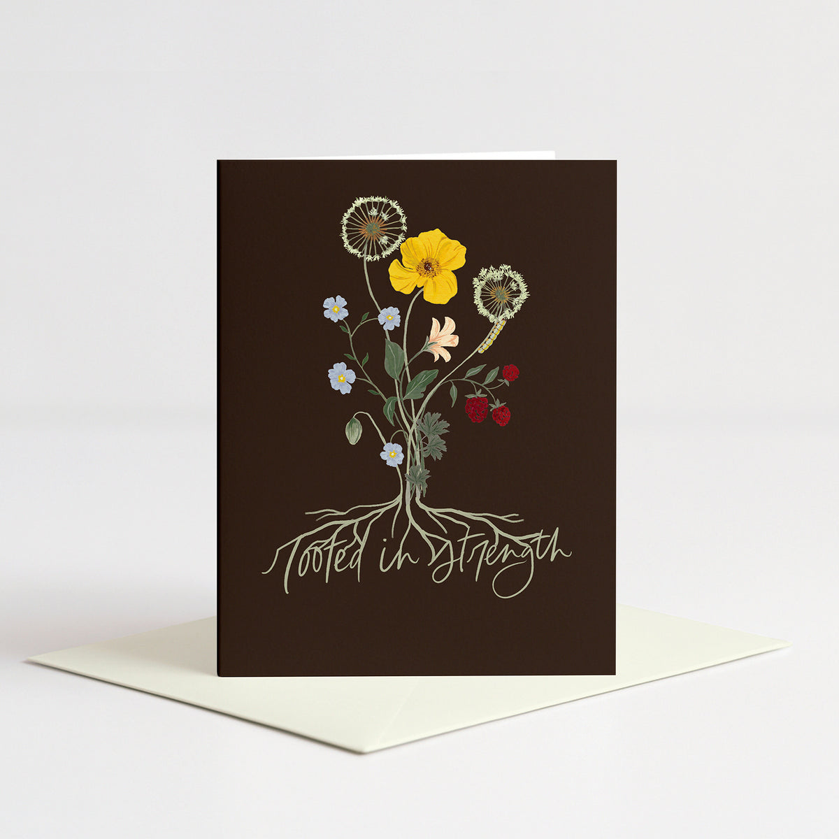 Roots Sympathy Card standing on a natural cream envelope