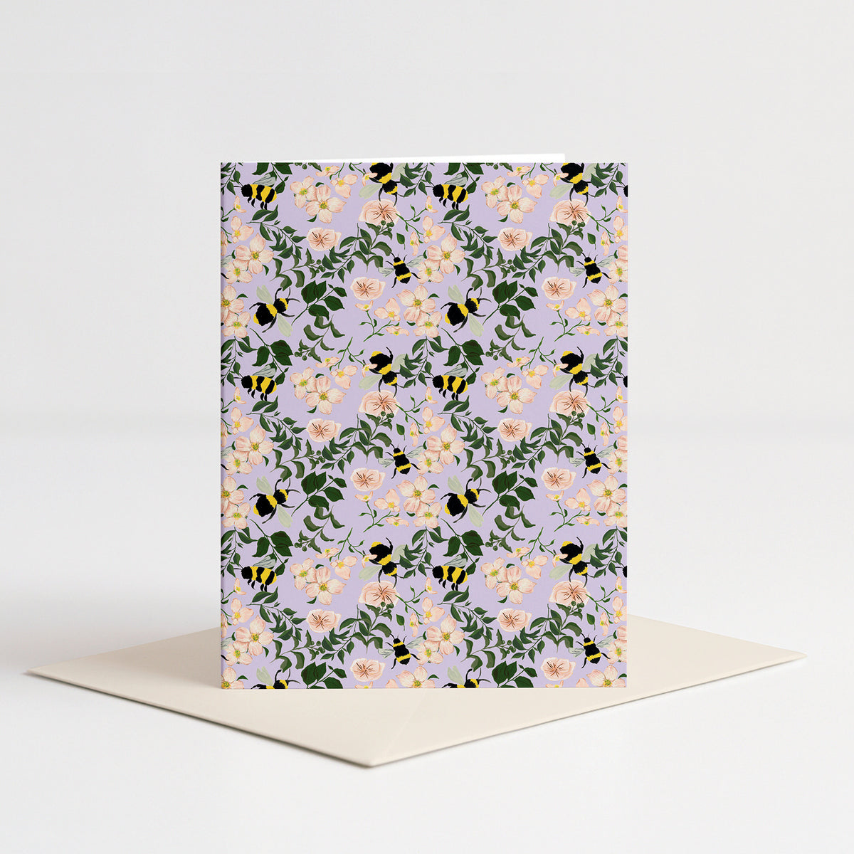 Bumblebee Blank Card standing on a pale pink envelope
