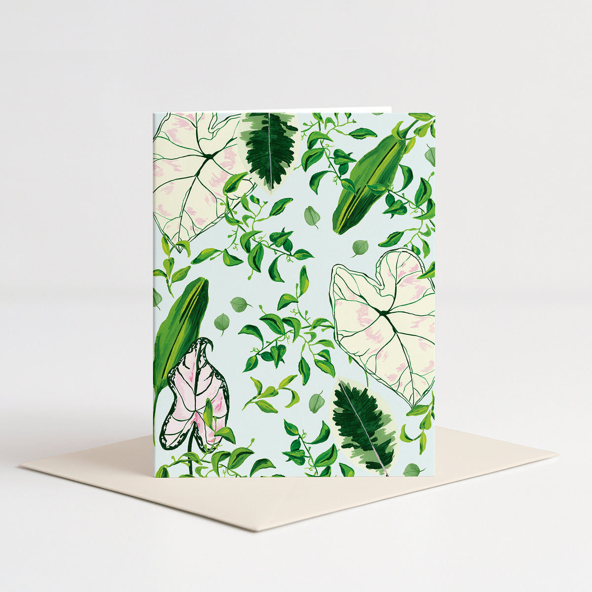 Greenhouse Blank Card standing on a pale pink envelope
