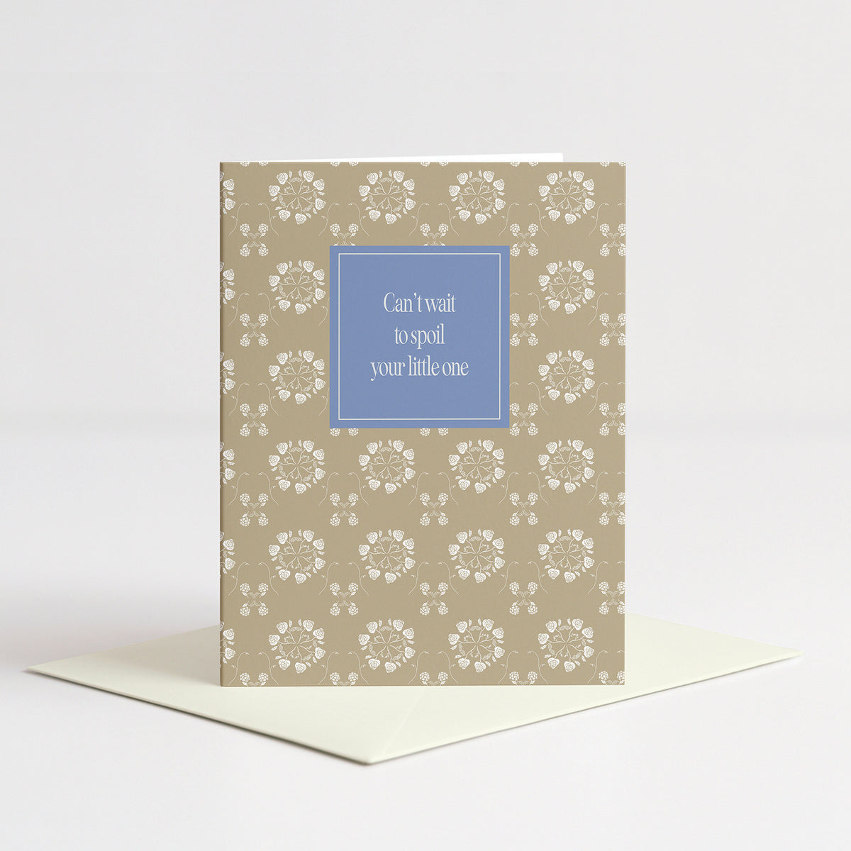 Rosa Baby Card standing on a natural cream envelope