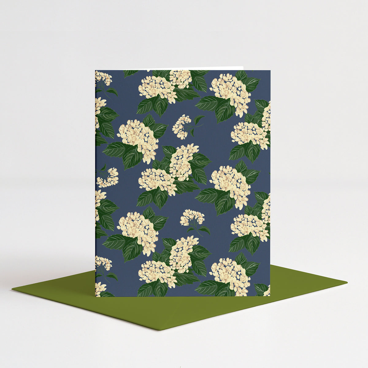 Hydrangea Blank Card standing on a green envelope