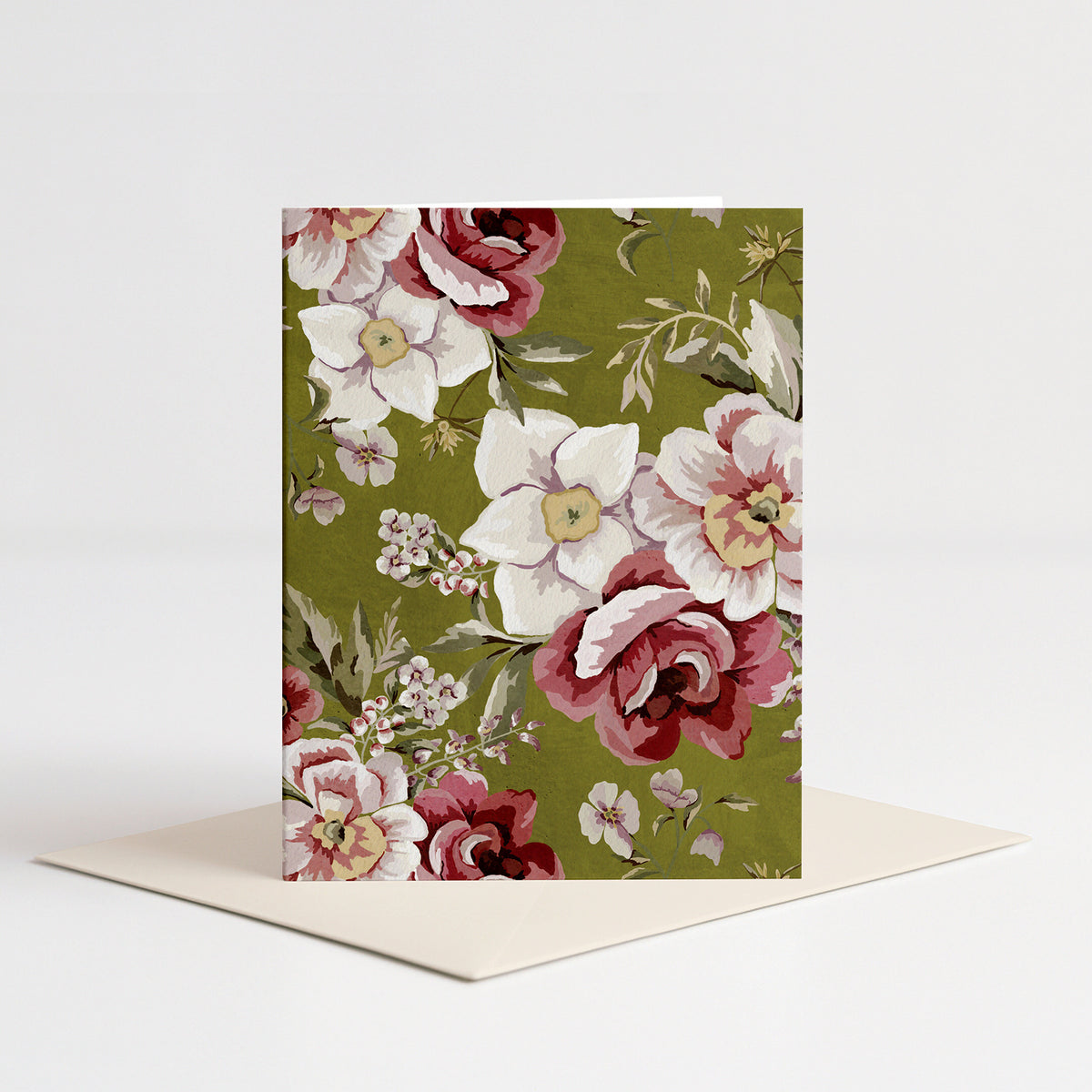 Vintage Floral Blank Card standing on a pale pink envelope