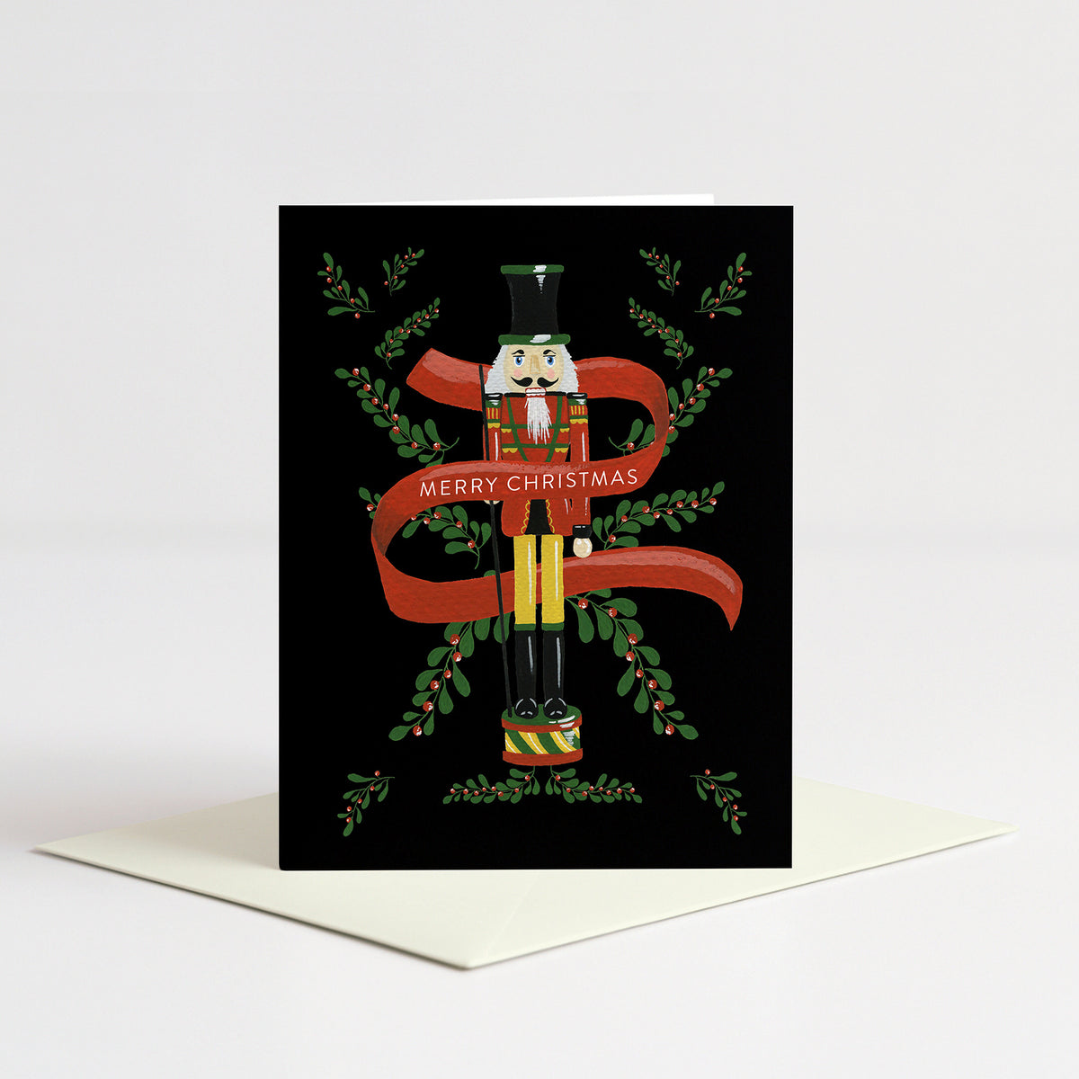 Nutcracker Holiday Card standing on a natural cream envelope