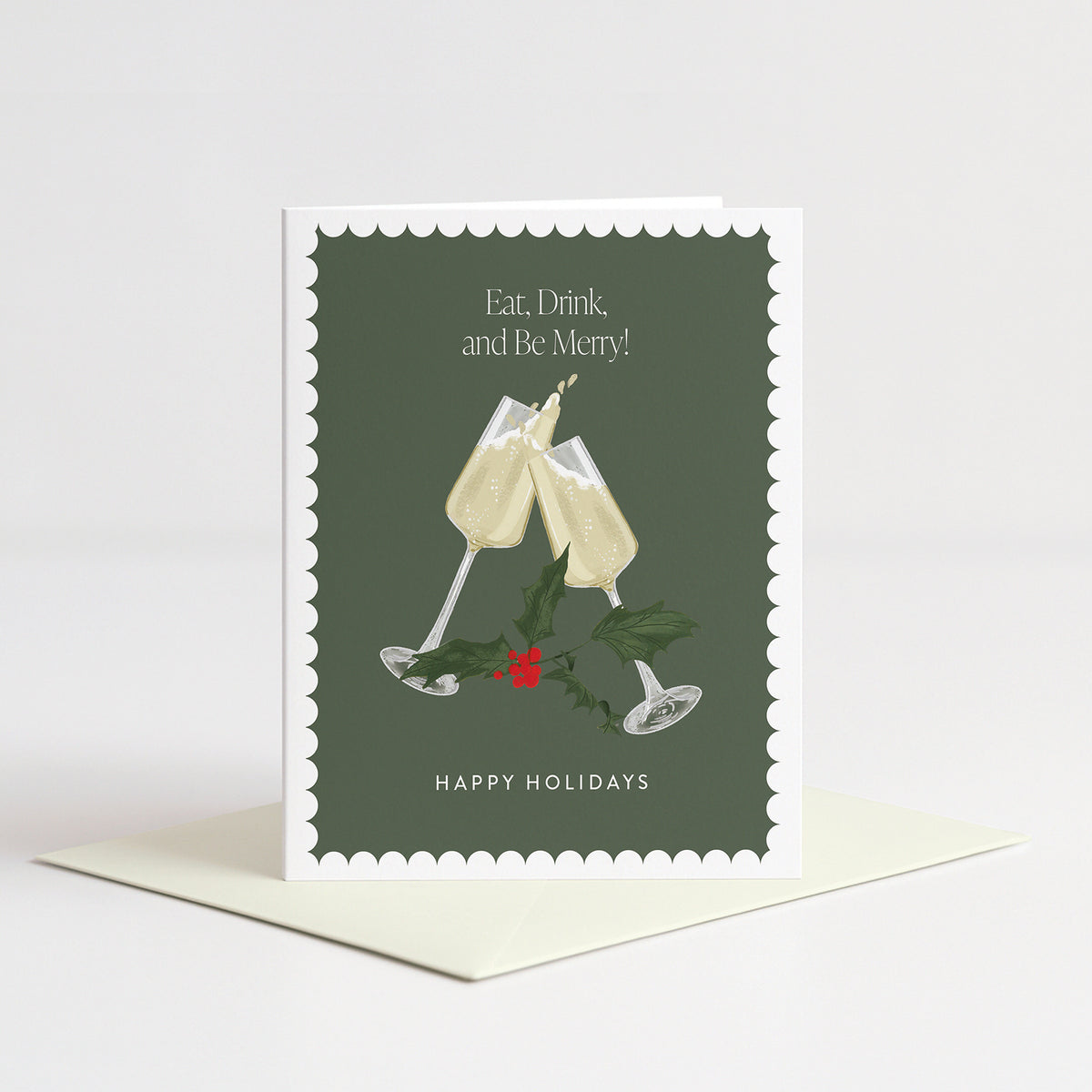 Cheers Holiday Card standing on a natural cream envelope